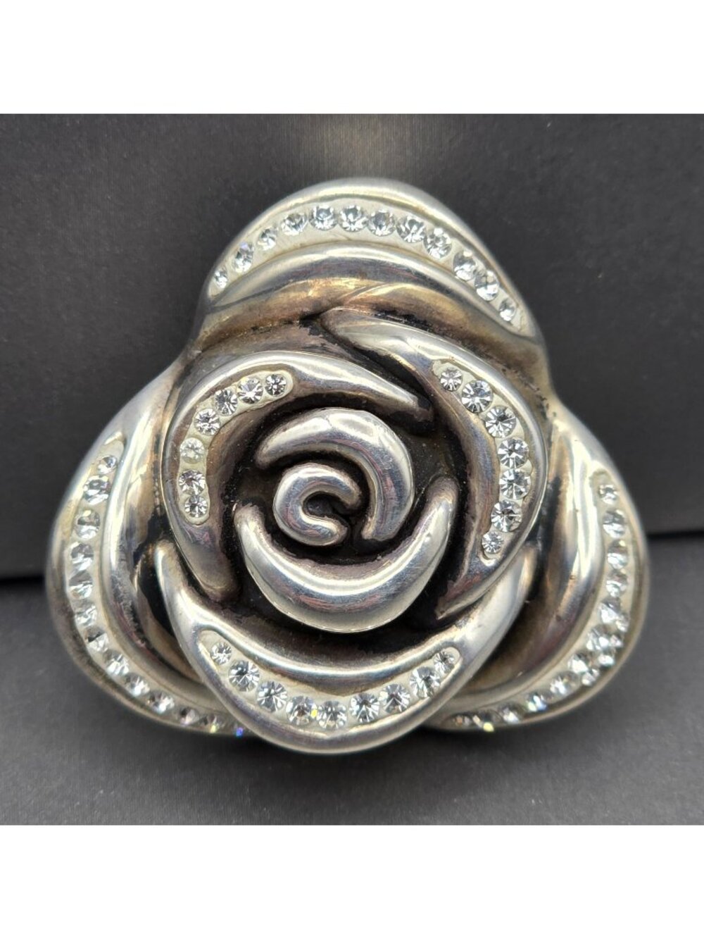 Silver Rose Pendant • Electroform • Hidden Bail • Rhinestone Accents